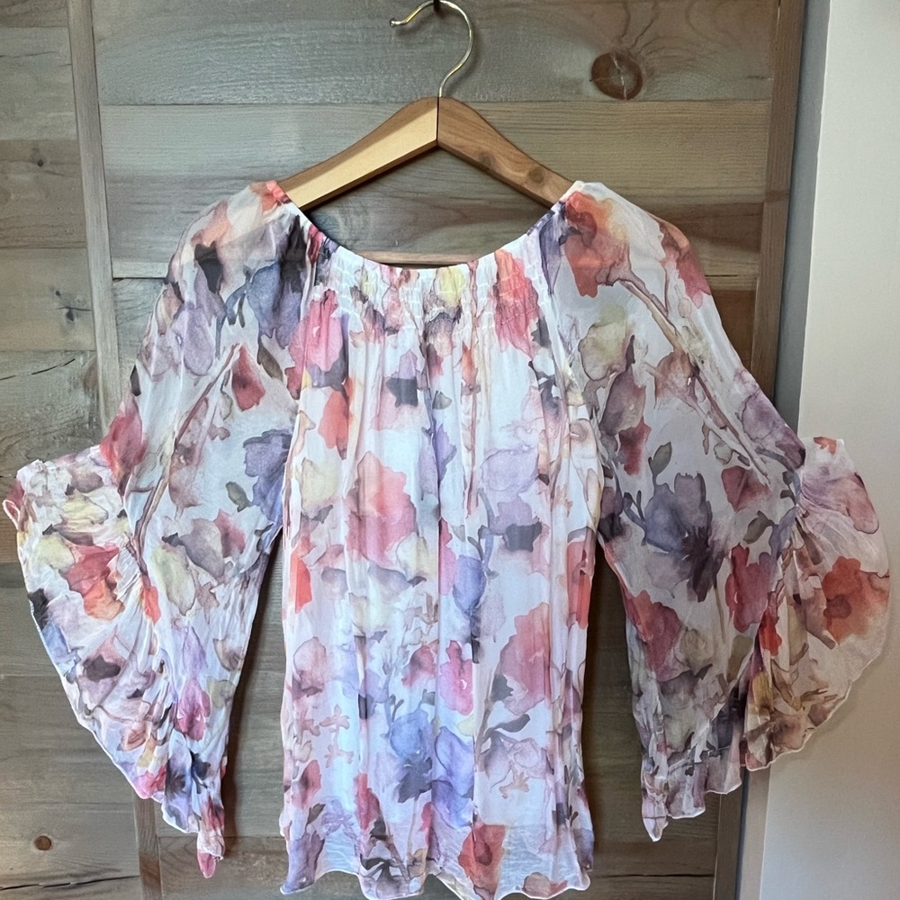 Tempo Paris butterfly sleeve off shoulder flowing top.
